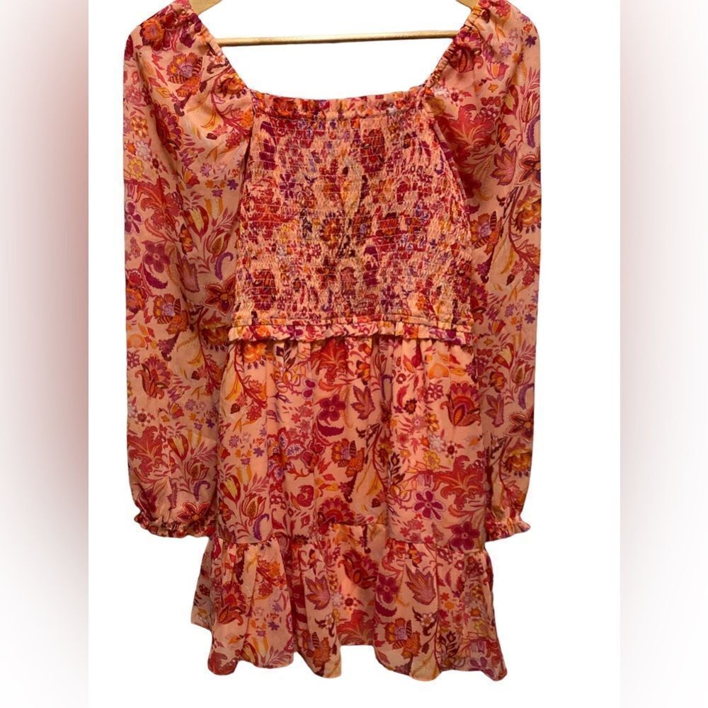 1. State Orange Floral Long Sleeve Dress Smocked Waist Medium NWT - Picture 4 of 12
